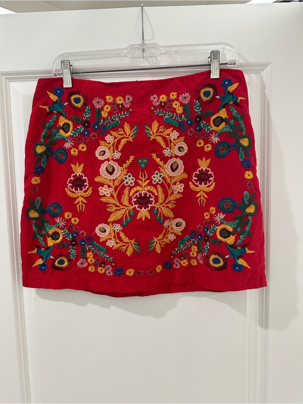 Altar'd State Red Mini Skirt with Multicolor Floral Embroidery